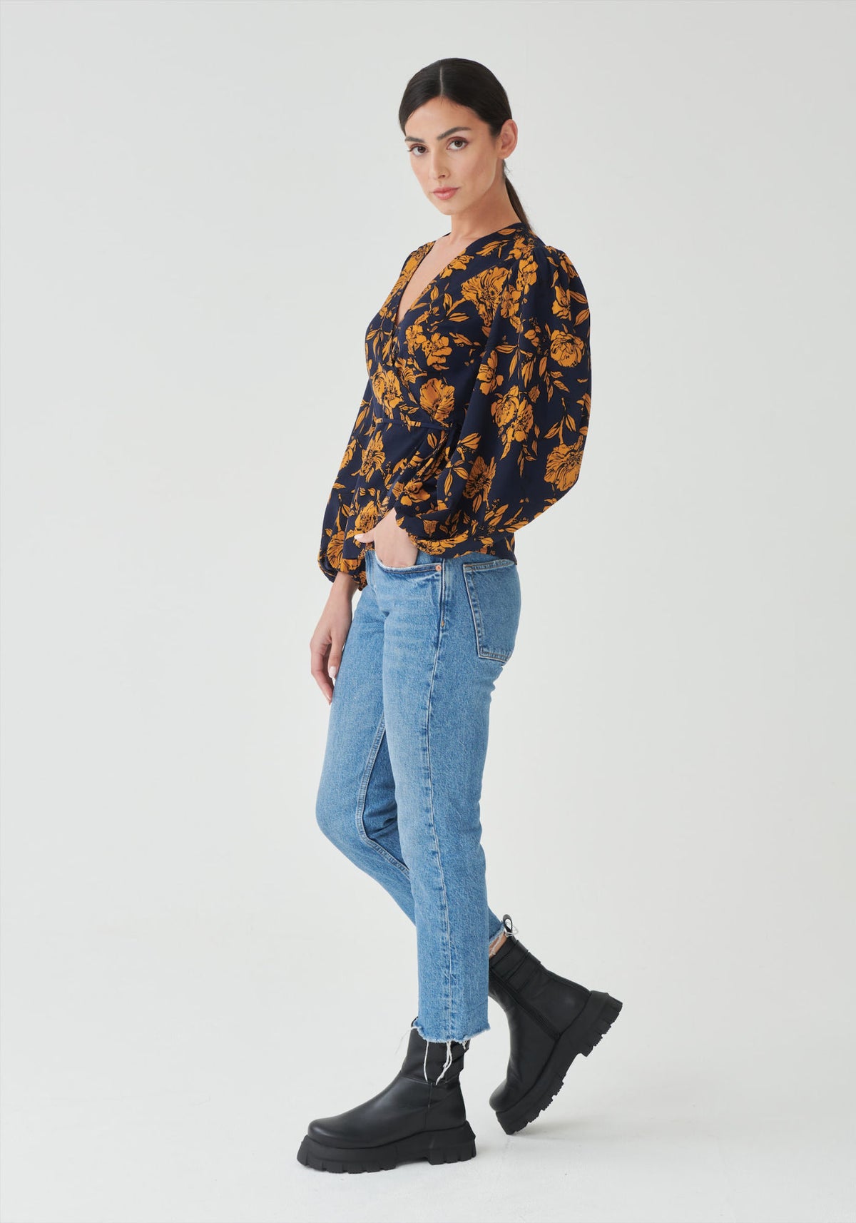 Long Sleeve Wrap Front Blouse in Navy Floral