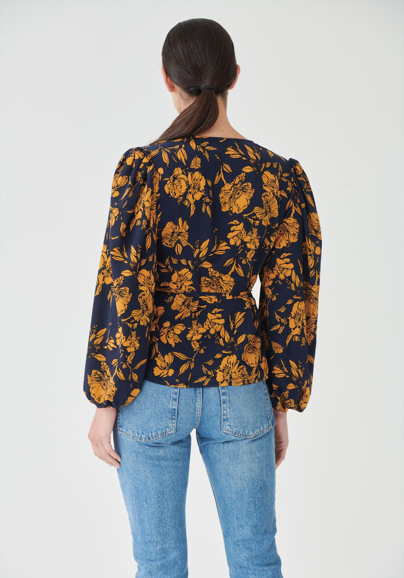 Long Sleeve Wrap Front Blouse in Navy Floral