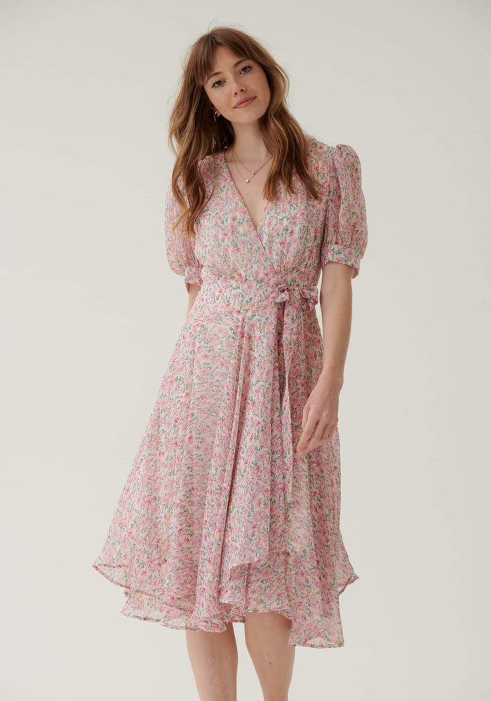 Short Sleeve Wrap Midi Dress in Pink Floral- Outlet