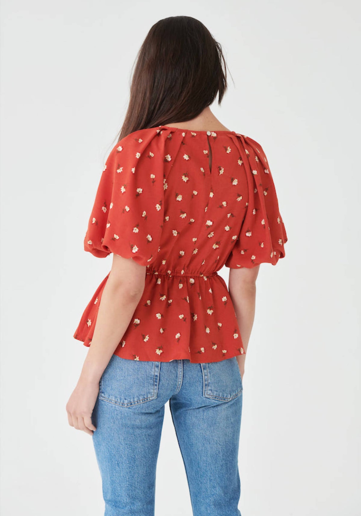 Puff Sleeve Smock Peplum Top in Red Floral