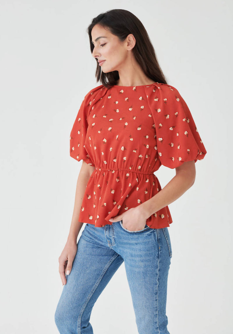 Puff Sleeve Smock Peplum Top in Red Floral