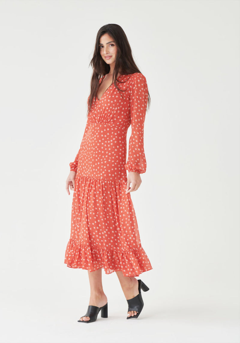 Long Sleeve Tiered Midi Dress in Rust Ditsy