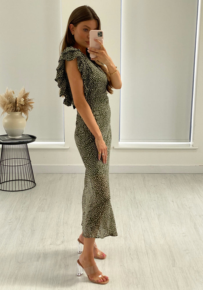 Hollie Frill Sleeve Maxi Dress - Olive Green-Outlet