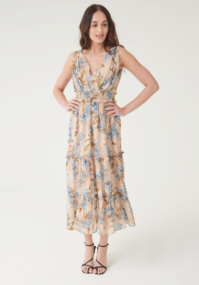 Miriam Tiered Midaxi Dress - Nude Blue Floral-Outlet