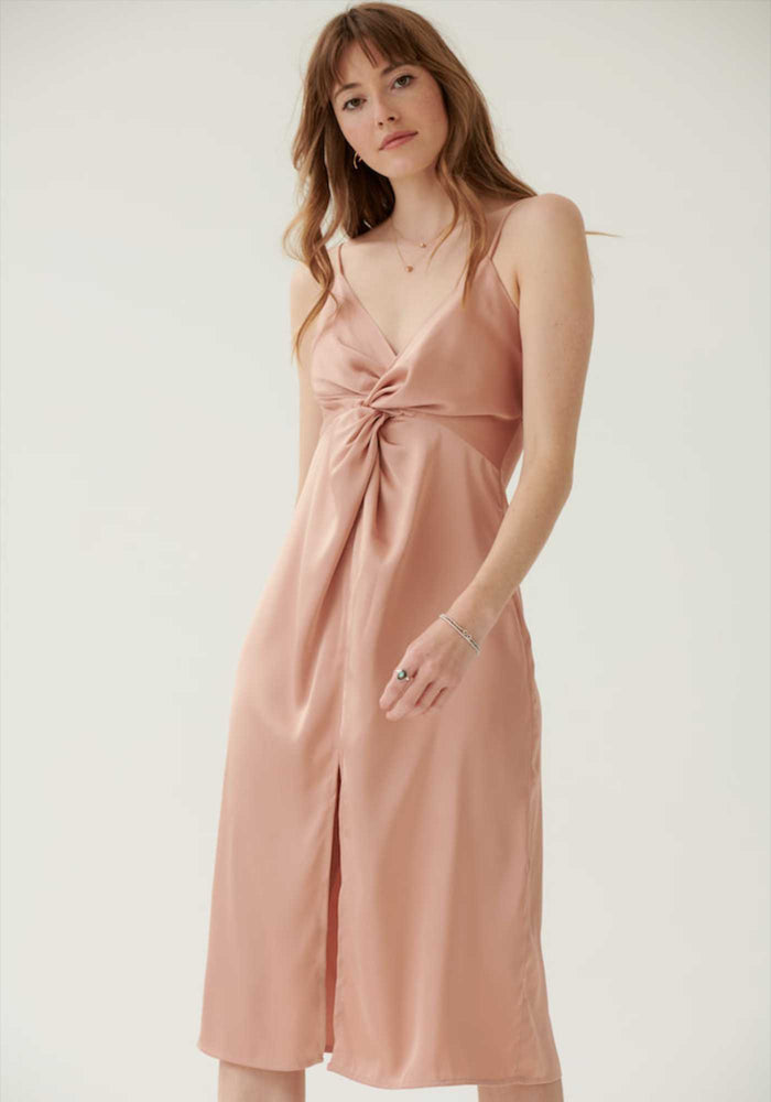 Twist Front Cami Wrap Midi Dress in Rose Pink- Outlet