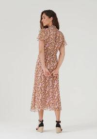 High Neck Midi Dress in Multi Pink Floral