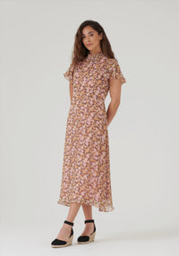 High Neck Midi Dress in Multi Pink Floral