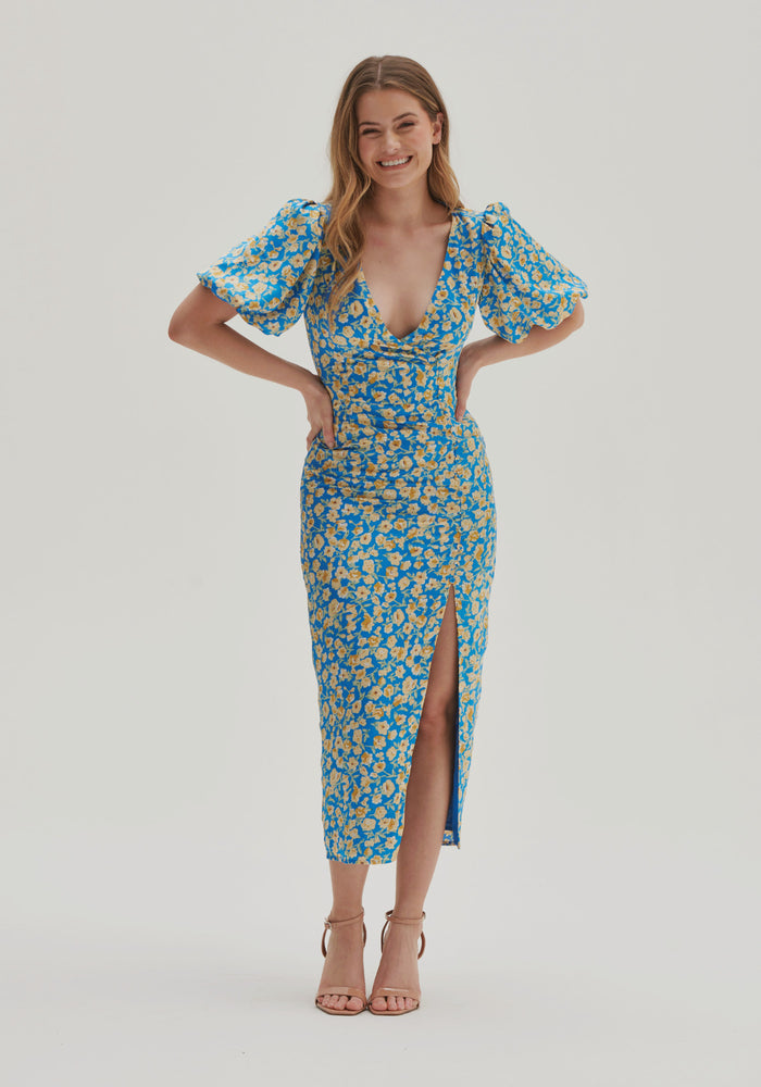 Sienna Wrap Midi Dress - Blue Floral