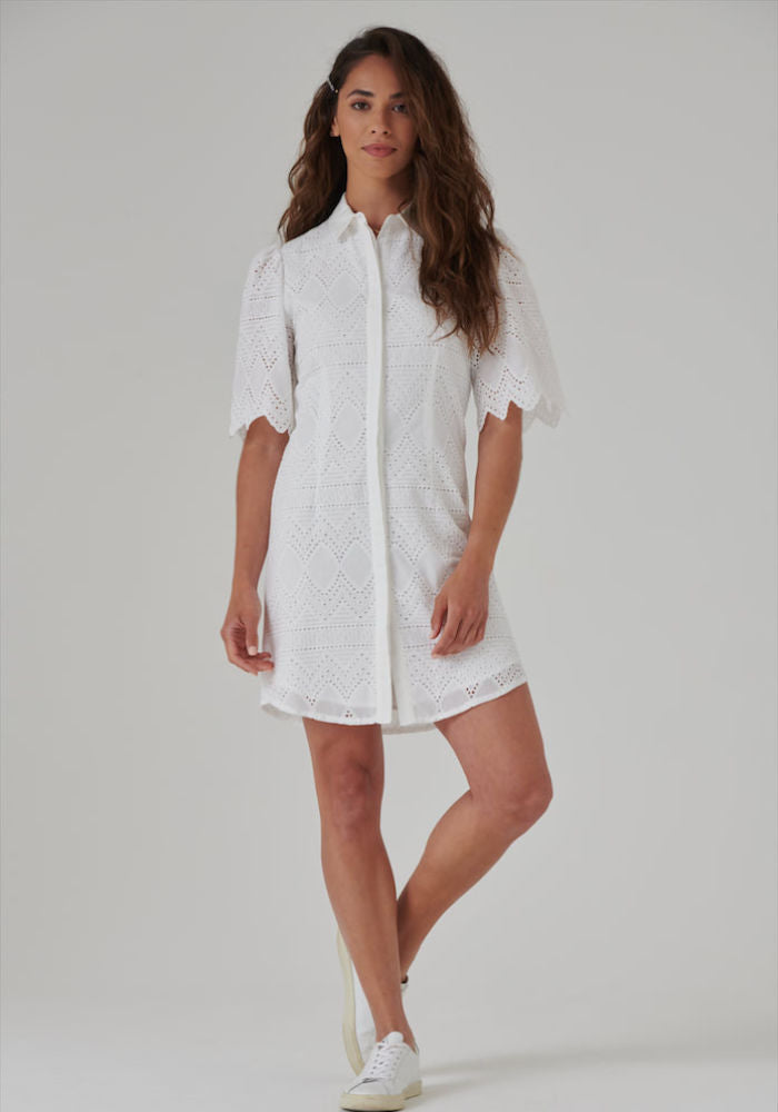 White Broderie Lace Shirt Dress - Broderie Lace Dresses in White with Buttons