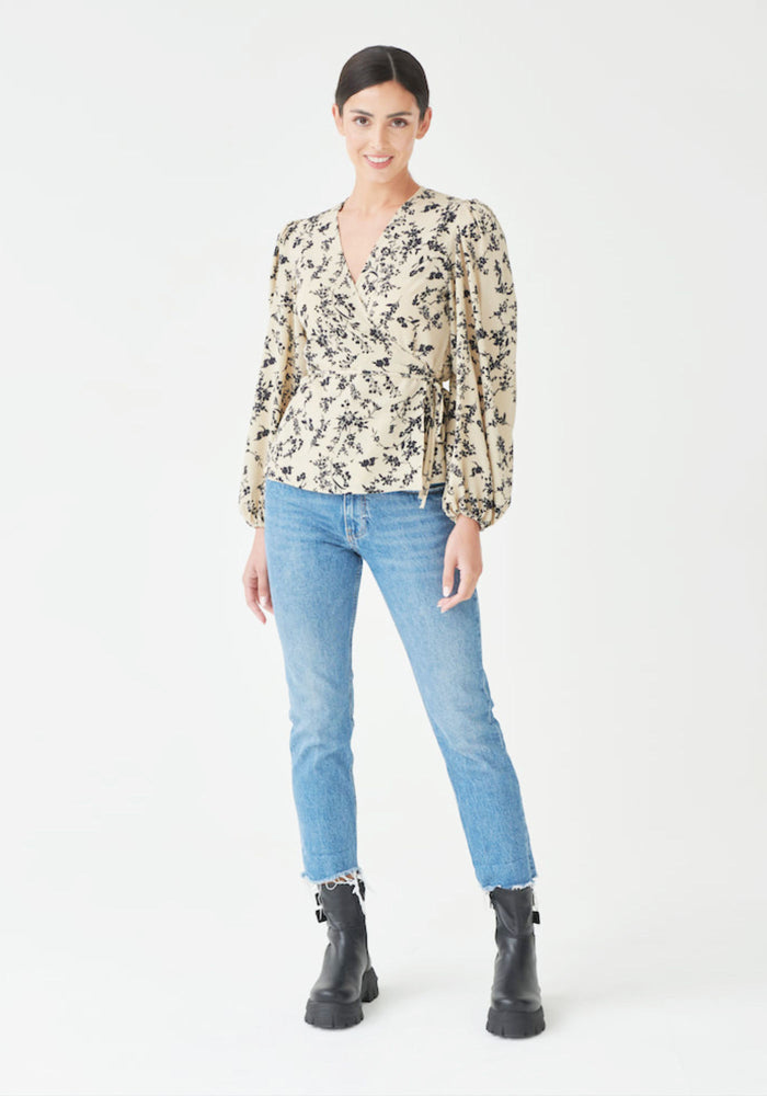 Long Sleeve Wrap Front Blouse in Beige Floral
