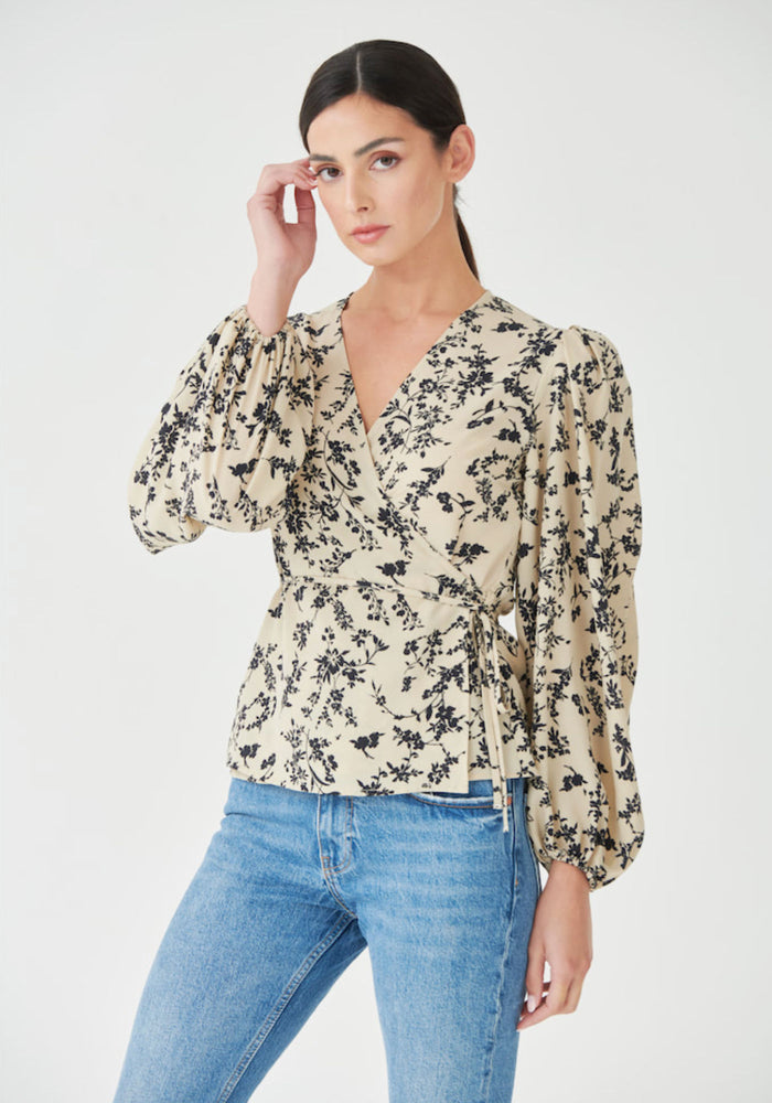 Long Sleeve Wrap Front Blouse in Beige Floral