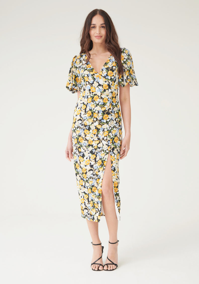 Sienna Wrap Midi Dress - Yellow Floral