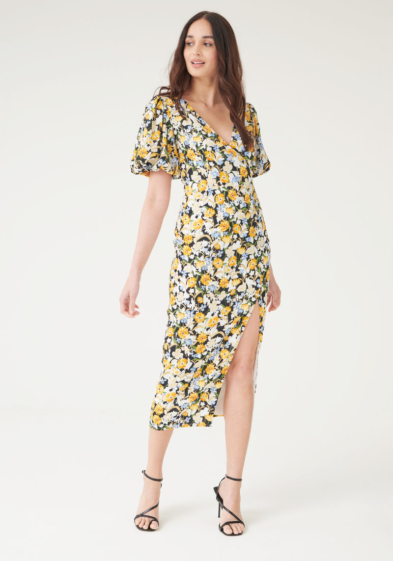 Sienna Wrap Midi Dress - Yellow Floral