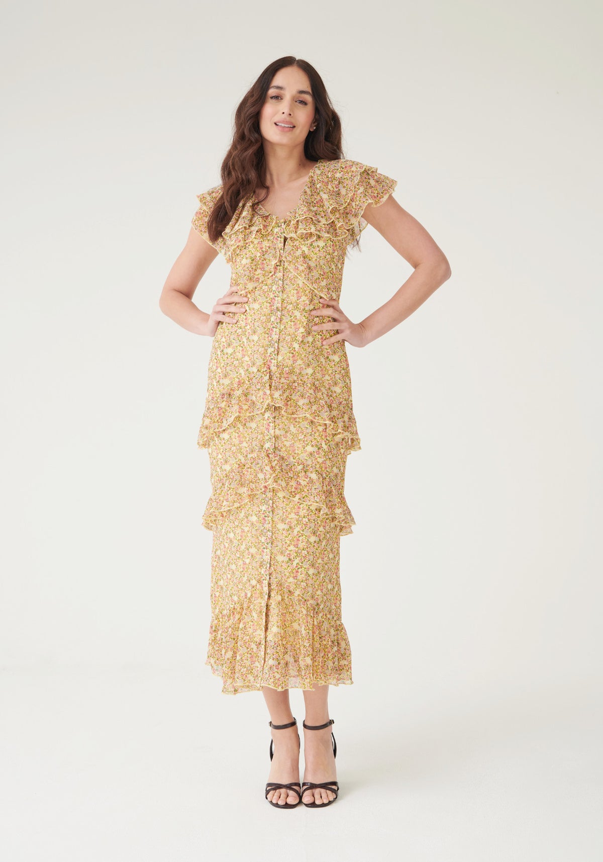 Lucinda Frill Tiered Midaxi Dress - Yellow Floral-Outlet