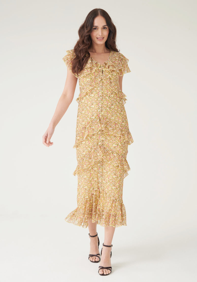 Lucinda Frill Tiered Midaxi Dress - Yellow Floral-Outlet
